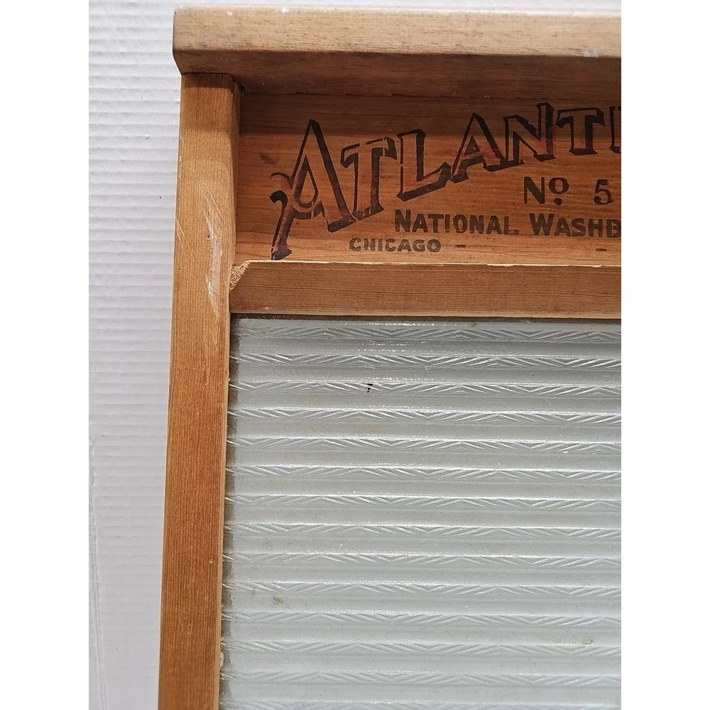 Vintage Atlantic National Washboard Co No 510 Glass & Wood Primitive Laundry Dec